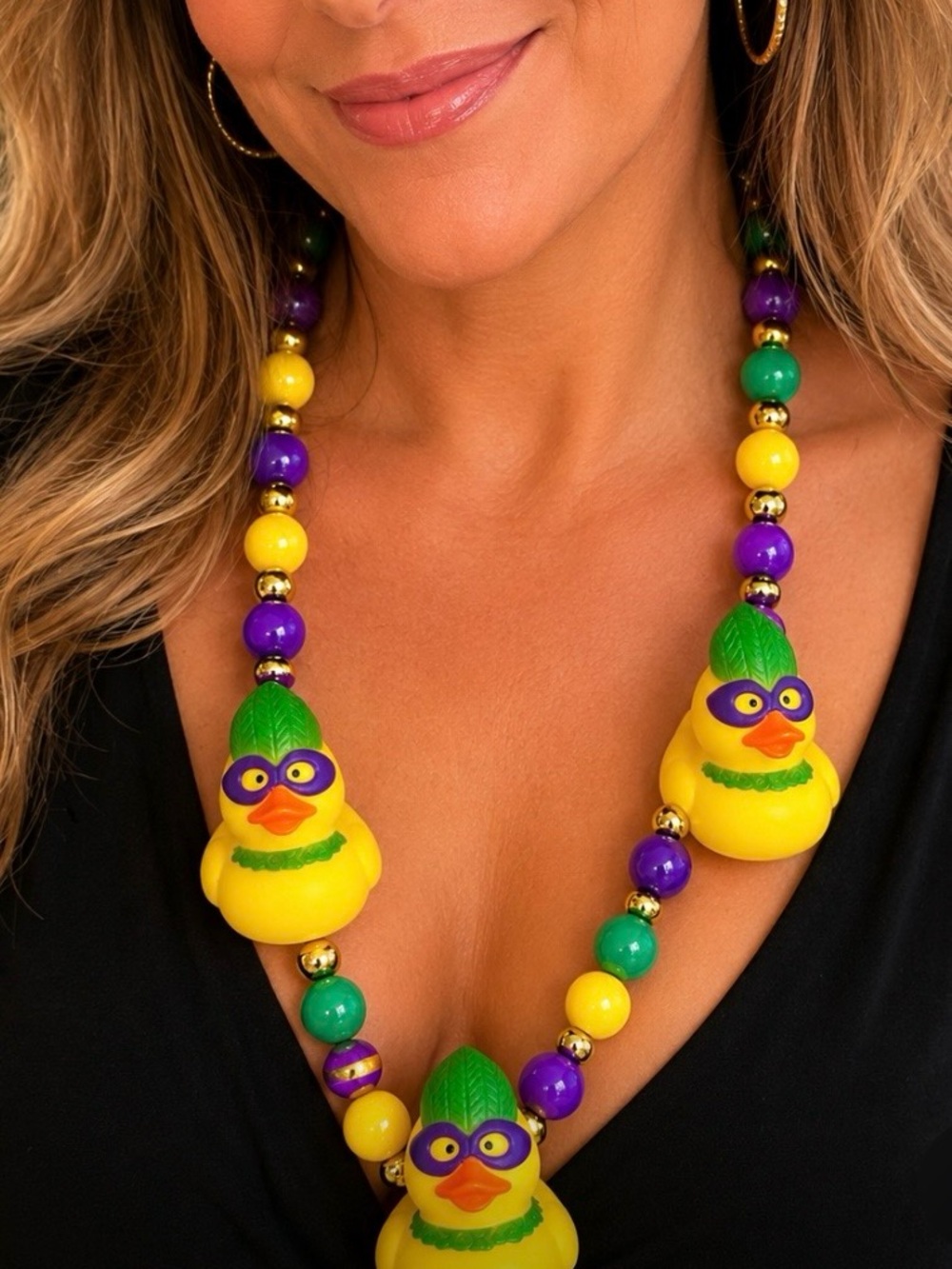 Mardi Gras Masked Duck Bead Necklace – New Orleans Carnival Statement Piece